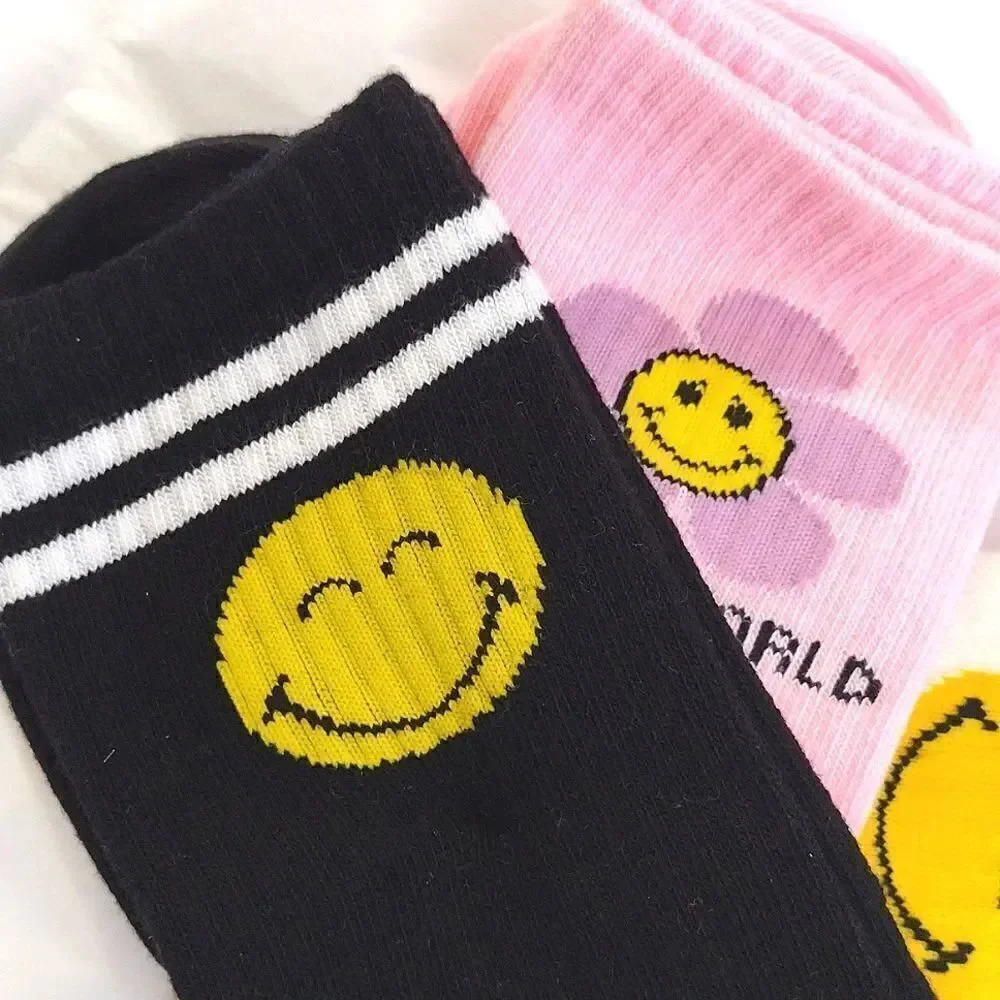 $9💥 Smiley World 3 Pairs Girl's Crew Socks NWOT Pink White Black Girly Floral